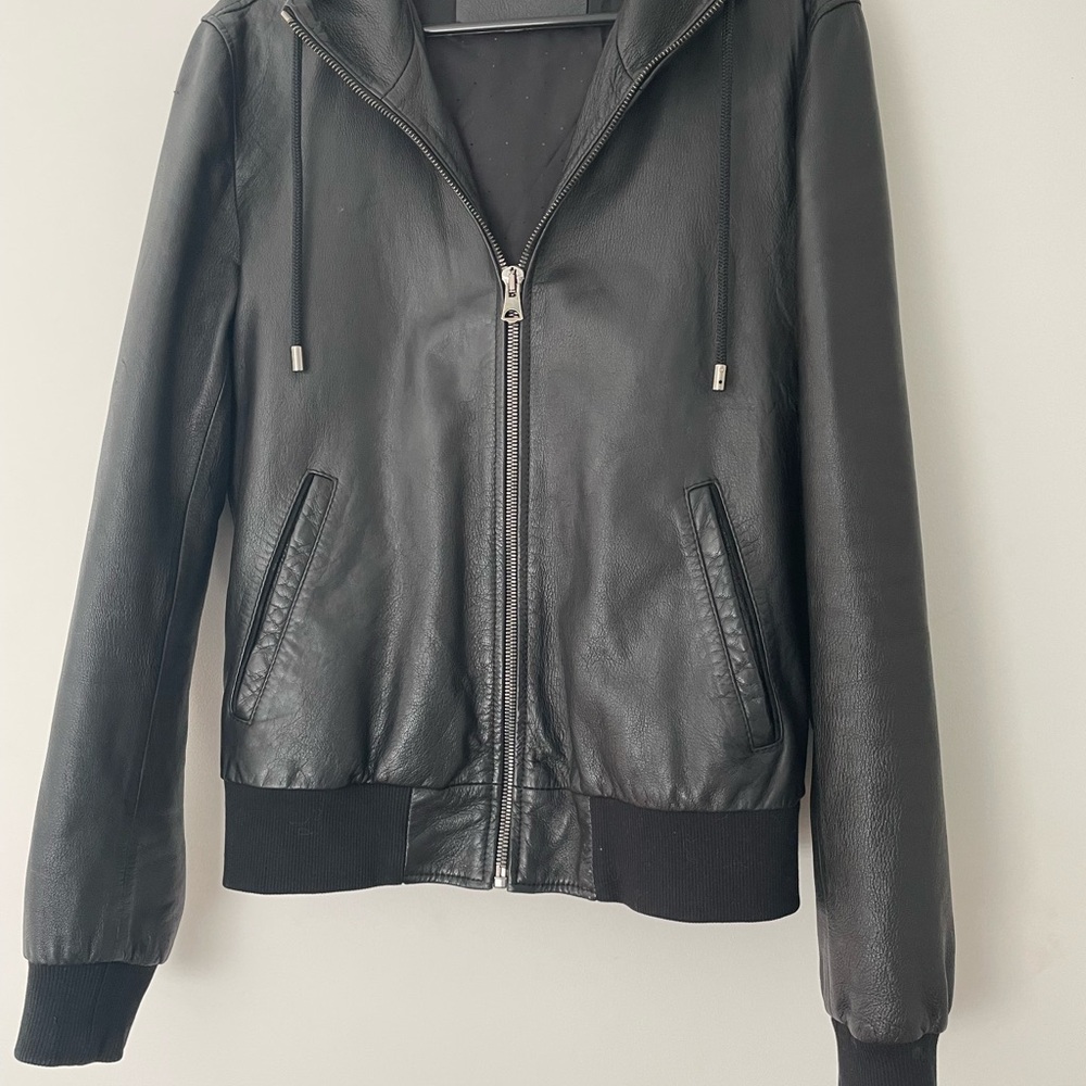 Dolce & Gabbana Black Leather Bomber Jacket with Hood